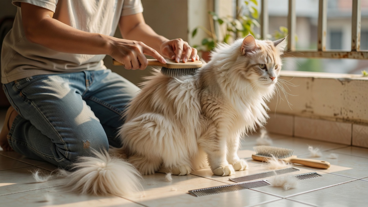 宠物美容师在阳台为长毛猫梳毛，地面散落换季脱落的底绒，旁边放着针梳与排梳