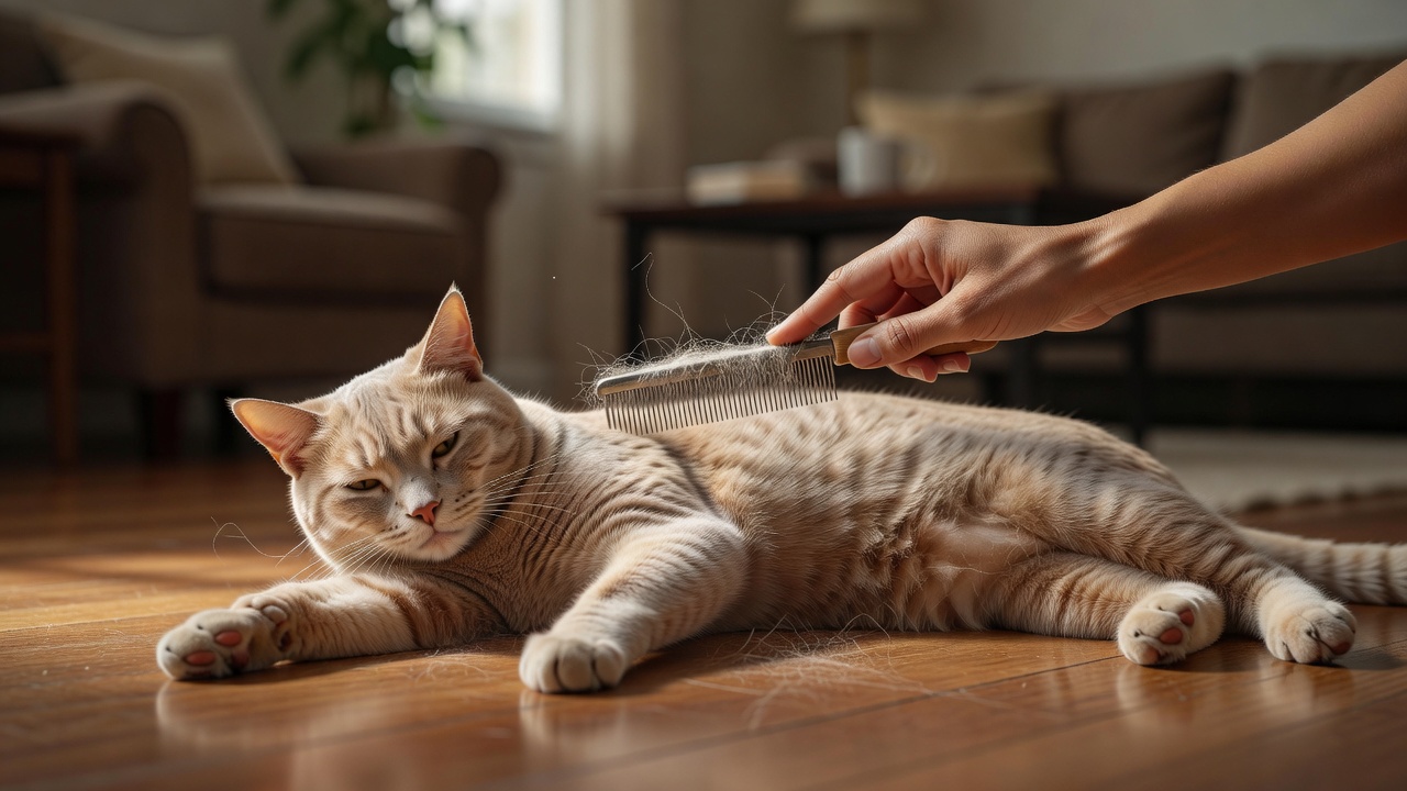 浅色短毛猫趴在木地板上，主人用针梳为它梳理背部的秋季浮毛