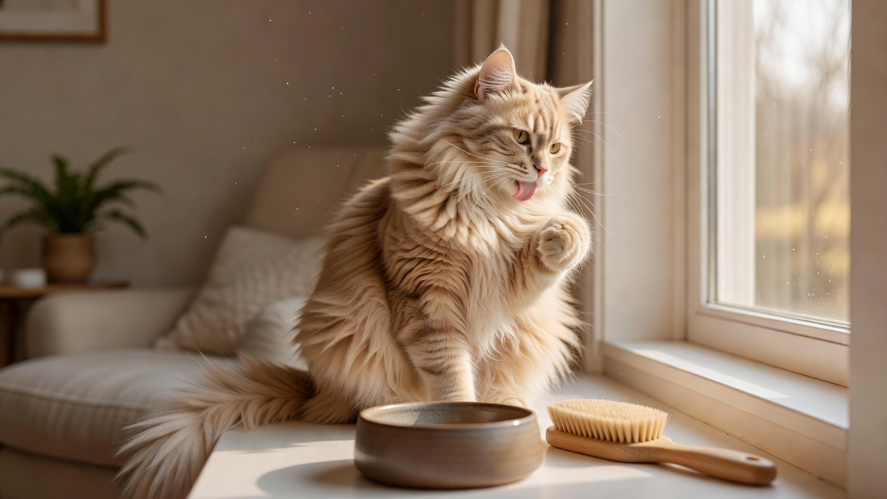 春季窗边阳光下的长毛猫正在舔毛，旁边放着食盆与梳子